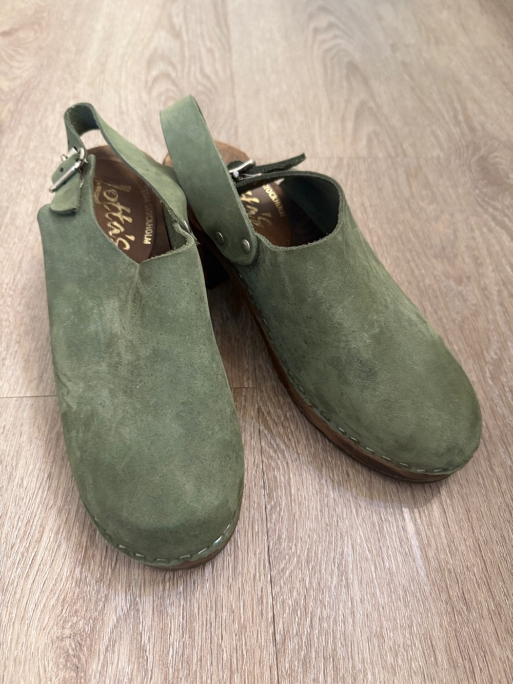 Lotta From Stockholm Olive Green Suede Slingback Clogs